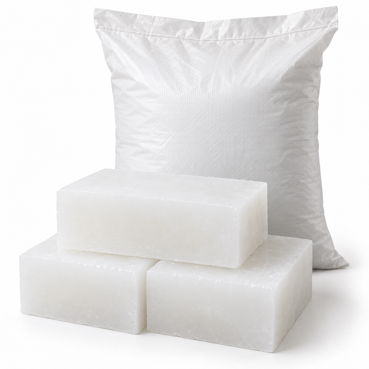 White paraffin wax bars beside a plain bulk bag