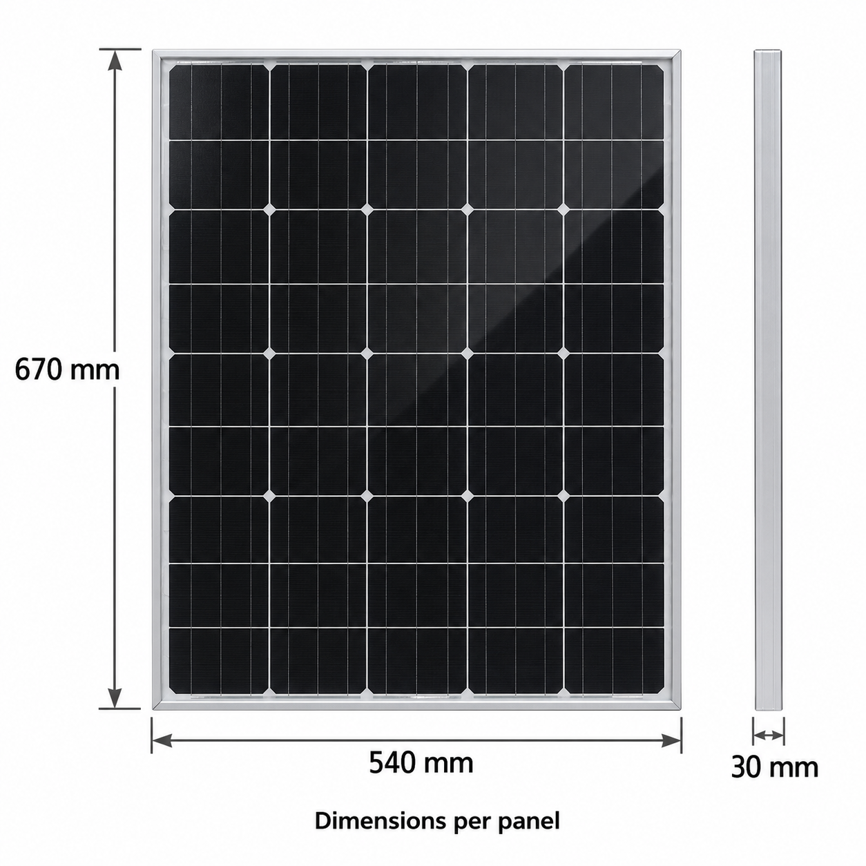 50W solar panel dimensions: 670 by 540 by 30 millimetres per panel
