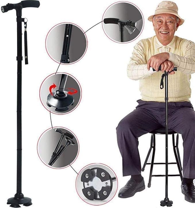 Folding Walking Stick for Elderly – Adjustable, LED Flashlight & Non-Slip Base
