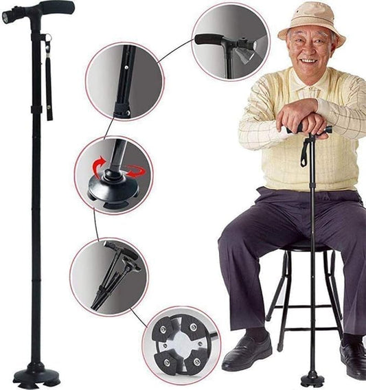 Folding Walking Stick for Elderly – Adjustable, LED Flashlight & Non-Slip Base