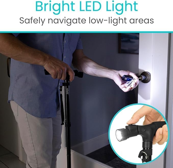 Folding Walking Stick for Elderly – Adjustable, LED Flashlight & Non-Slip Base