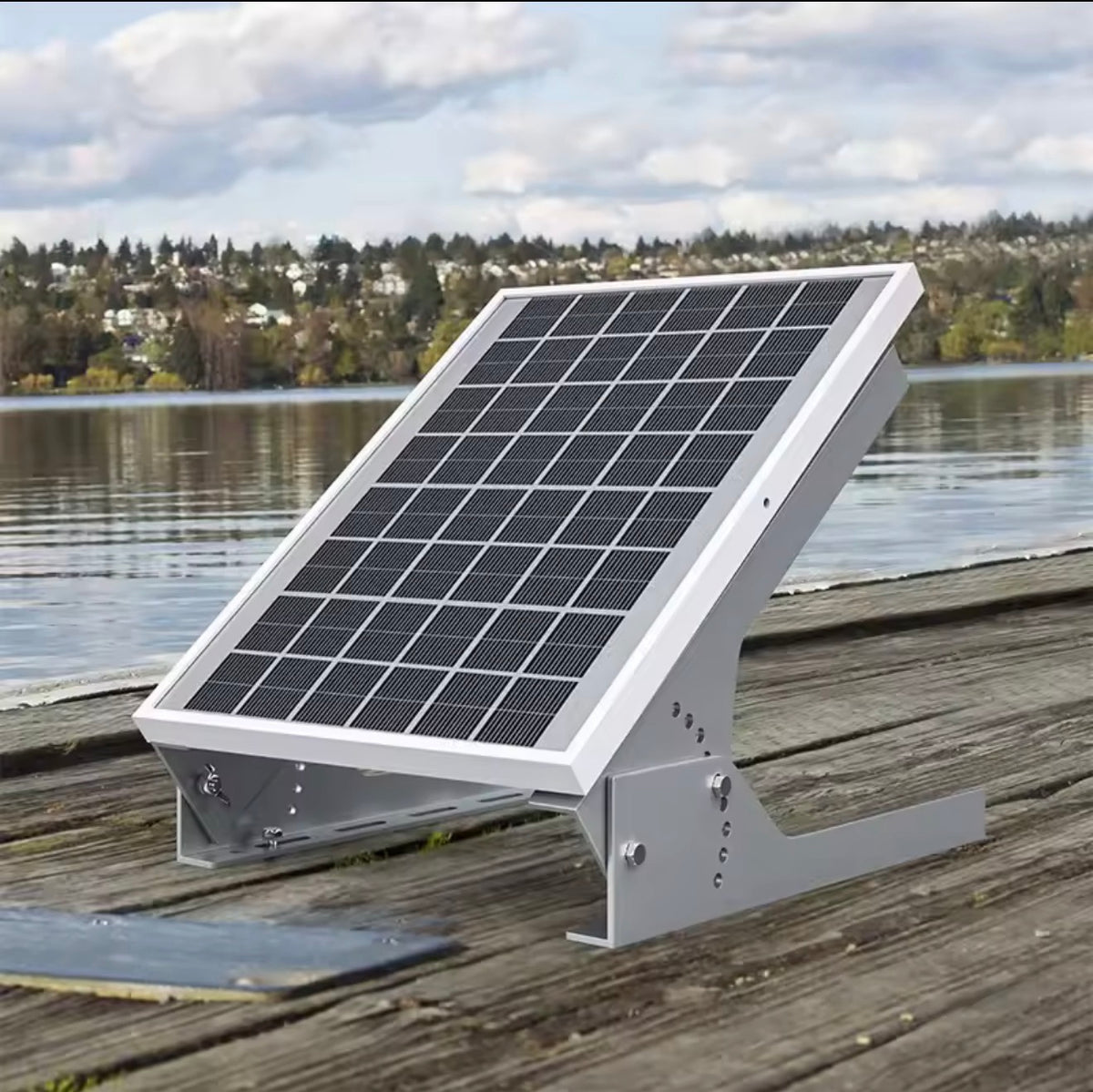 Adjustable aluminium solar panel tilt frame shown with a panel for demonstration