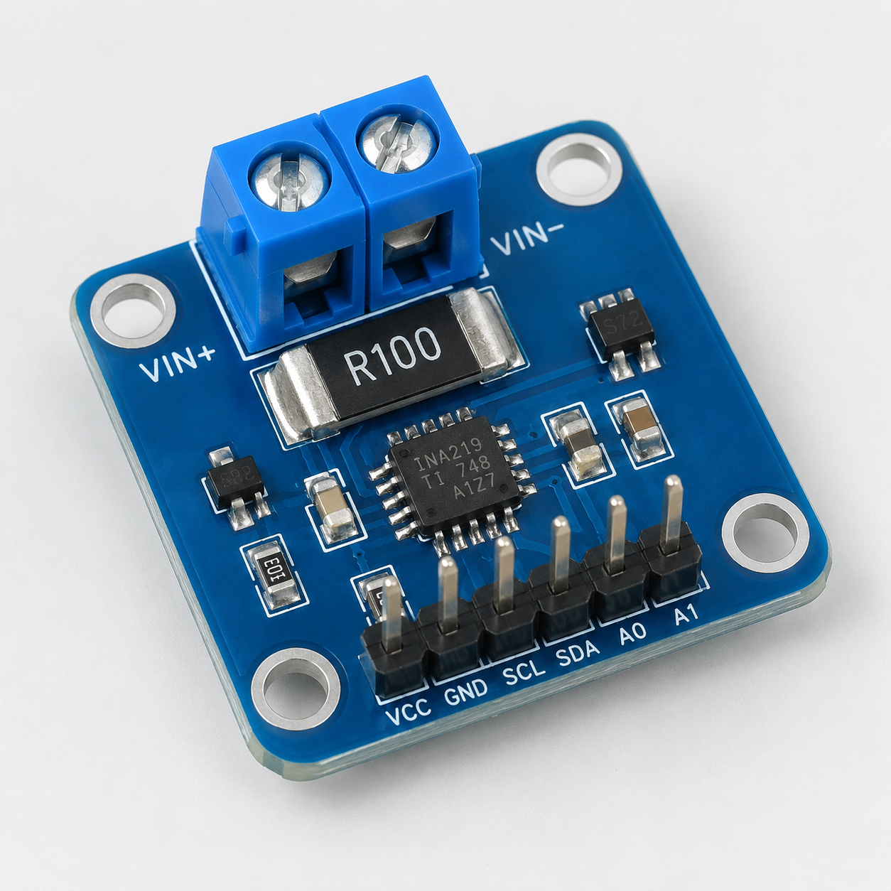 INA219 DC current and voltage sensor module, angled view