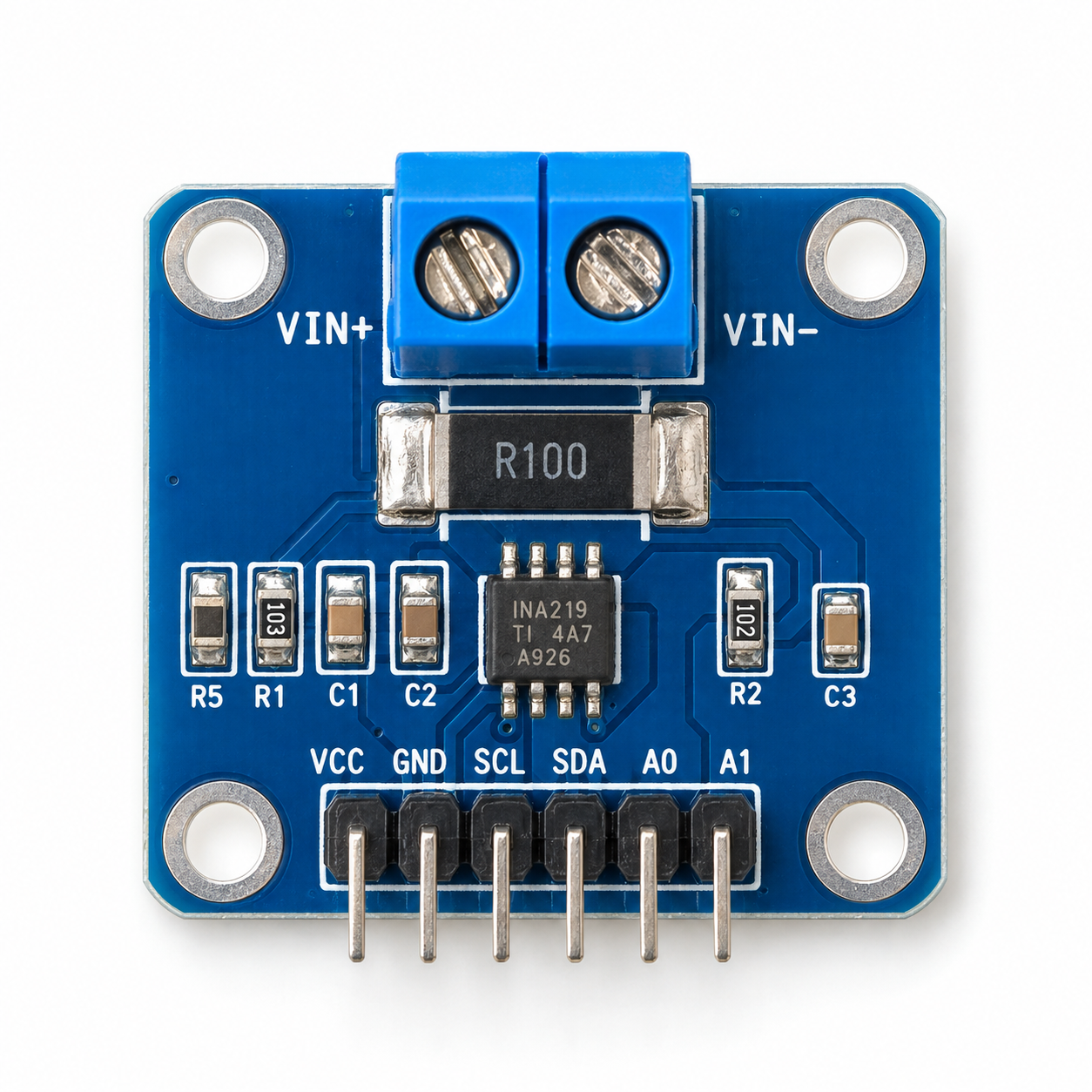 INA219 DC current and voltage sensor module, top view