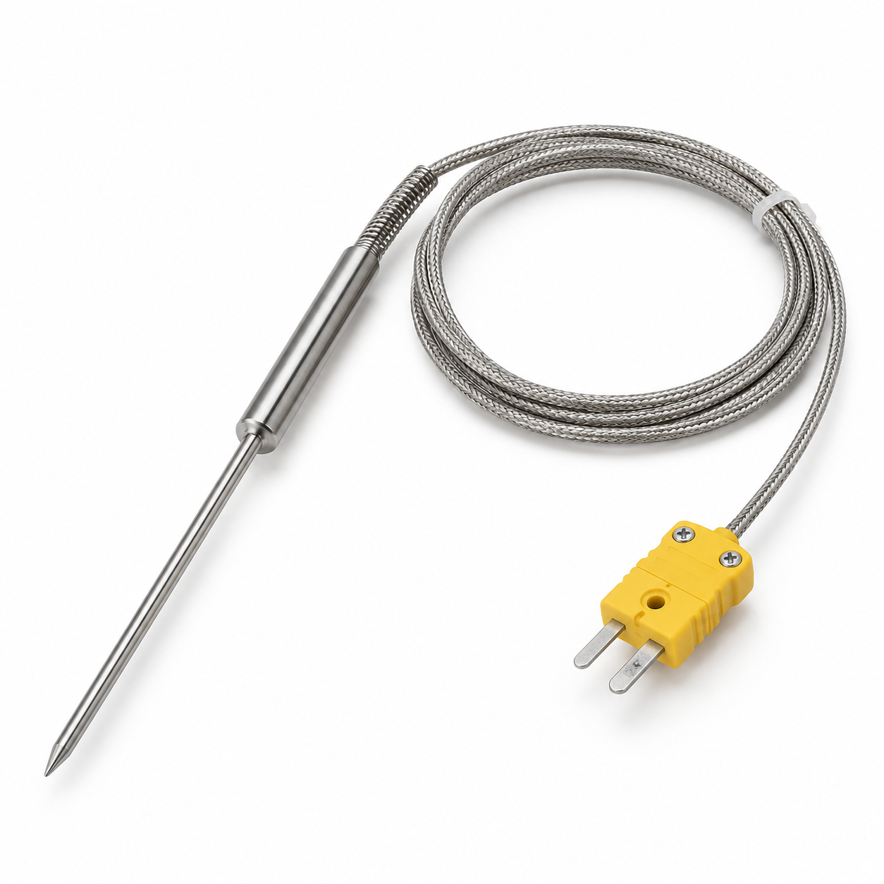 K-type stainless-steel thermocouple probe with braided cable, angled view