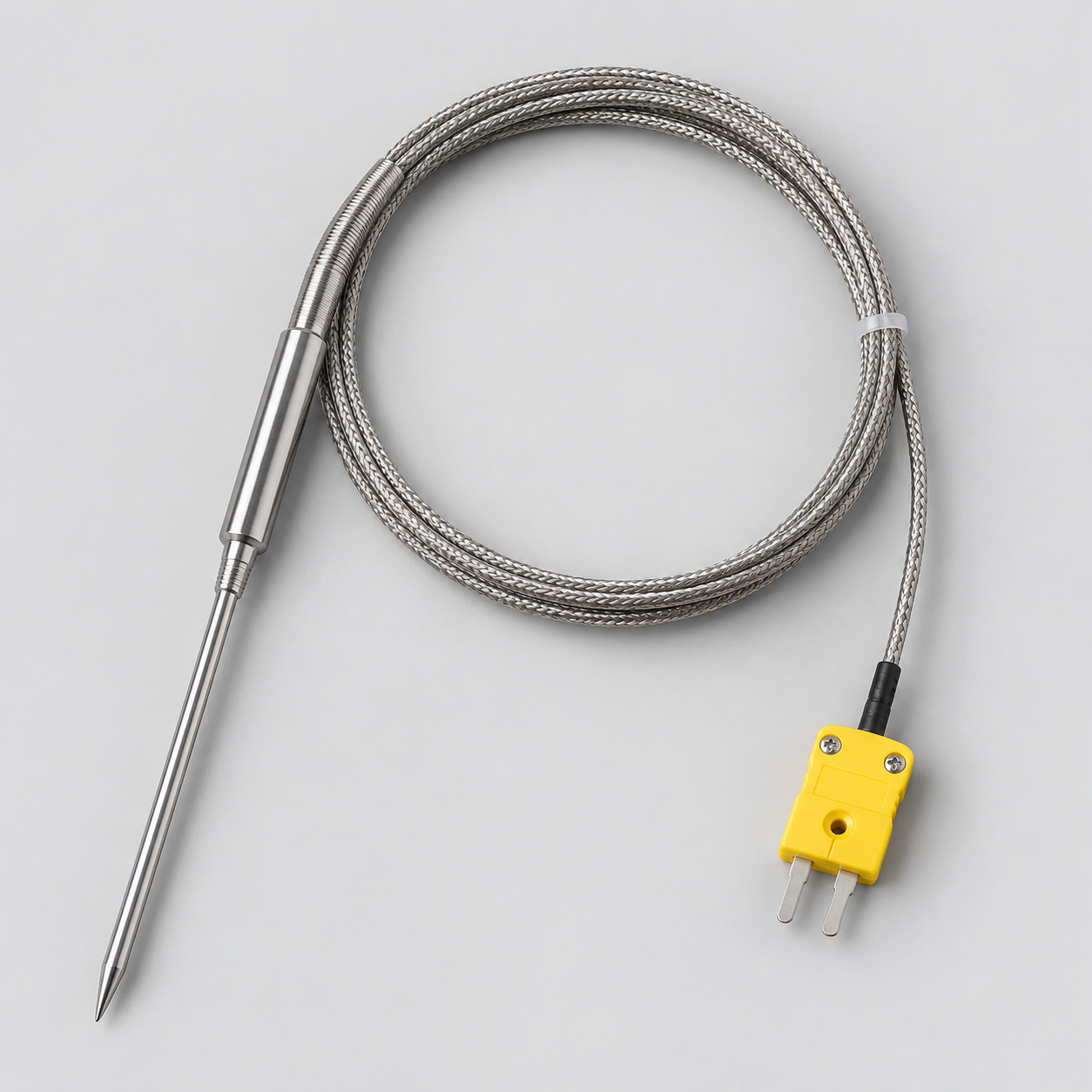 K-type stainless-steel thermocouple probe with braided cable, top view
