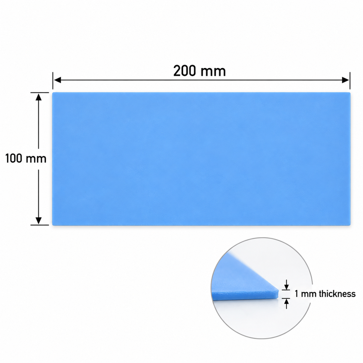 Silicone thermal pad dimensions: 200 mm by 100 mm by 1 mm