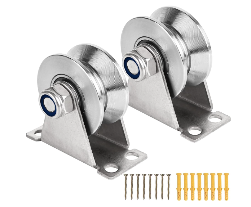 Two stainless steel wall-mounted pulleys with mounting hardware