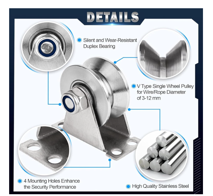 Pulley bearing, V-groove and mounting details